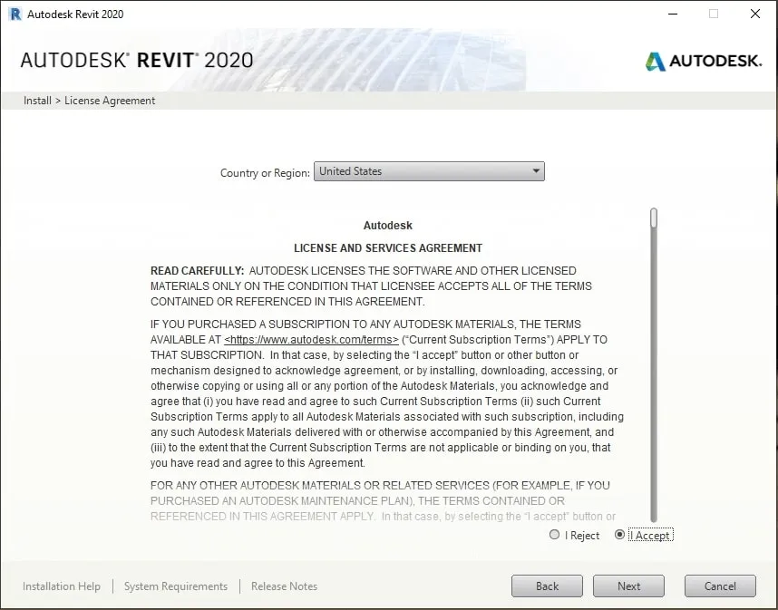 Màn hình đồng ý cài đặt Revit 2020