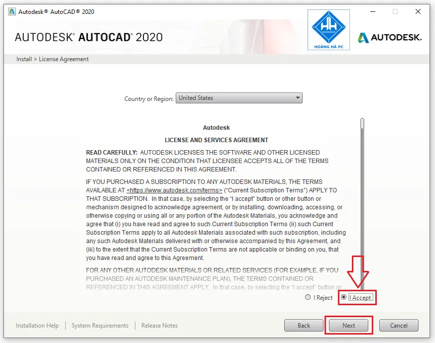 Màn hình đồng ý điều khoản sử dụng phần mềm Autodesk AutoCAD 2020