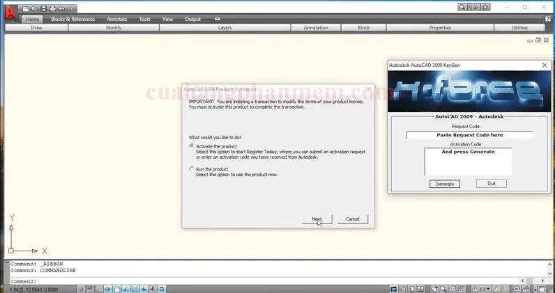 Màn hình khởi động ban đầu của AutoCAD 2009 yêu cầu kích hoạt bản quyền