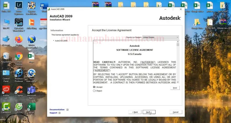 Màn hình yêu cầu chấp nhận các điều khoản sử dụng của phần mềm AutoCAD 2009