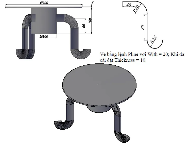 Mô hình bàn được vẽ chi tiết với các bộ phận khác nhau trong AutoCAD 3D