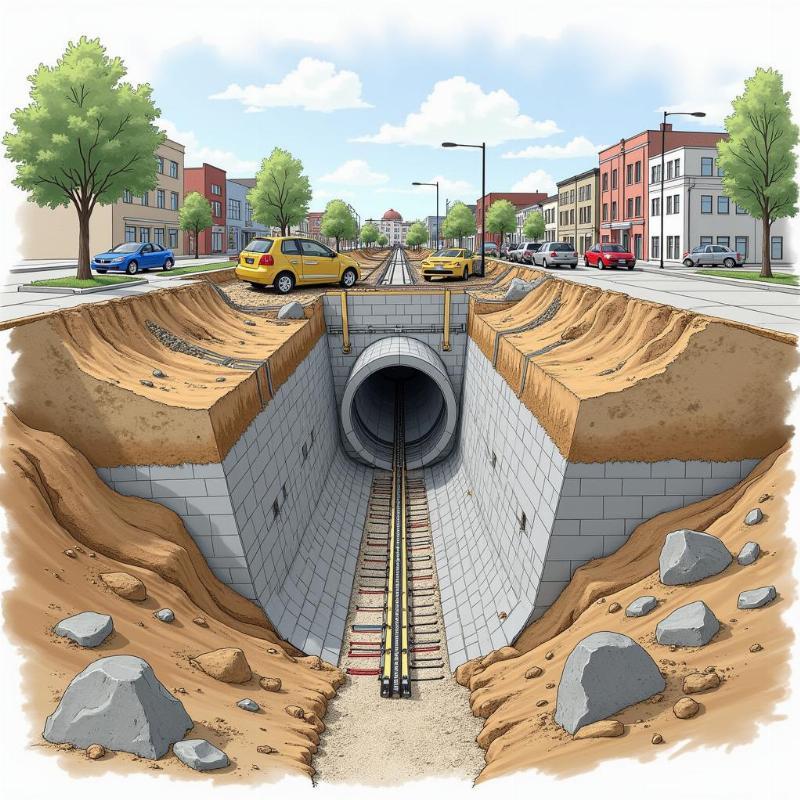 Mô hình 3D cắt lớp của một hầm biogas hiện đại sử dụng màng chống thấm HDPE, thể hiện rõ các lớp vật liệu và dòng lưu chuyển của khí và chất thải