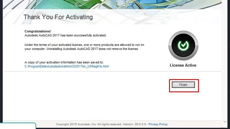 Nhấn Finish để hoàn tất cài đặt và kích hoạt AutoCAD 2017