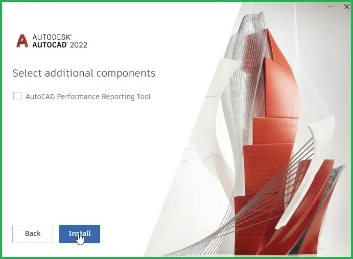 Nhấp chọn Install để bắt đầu cài đặt AutoCAD 2022