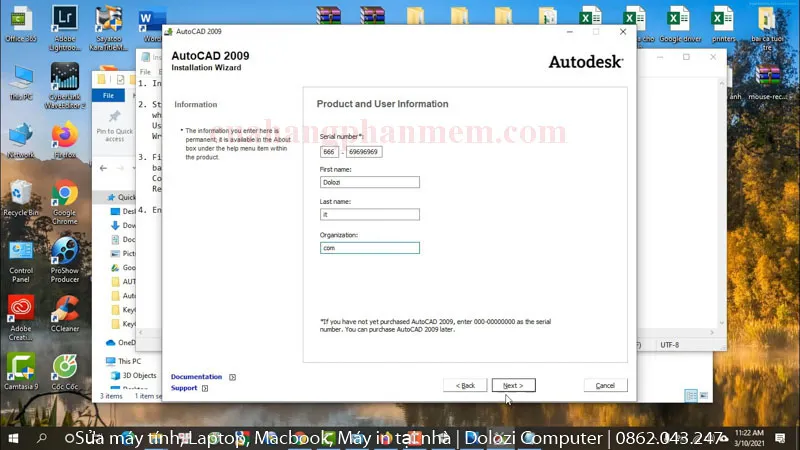 Nhập mã Serial Number hợp lệ để tiếp tục quá trình cài đặt AutoCAD 2009