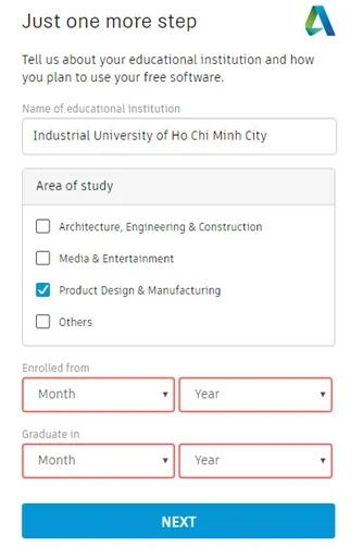 Nhập tên trường Đại học và thông tin học tập cho Autodesk Education