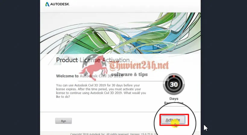Nhấp vào nút Activate để bắt đầu kích hoạt Civil 3D 2019
