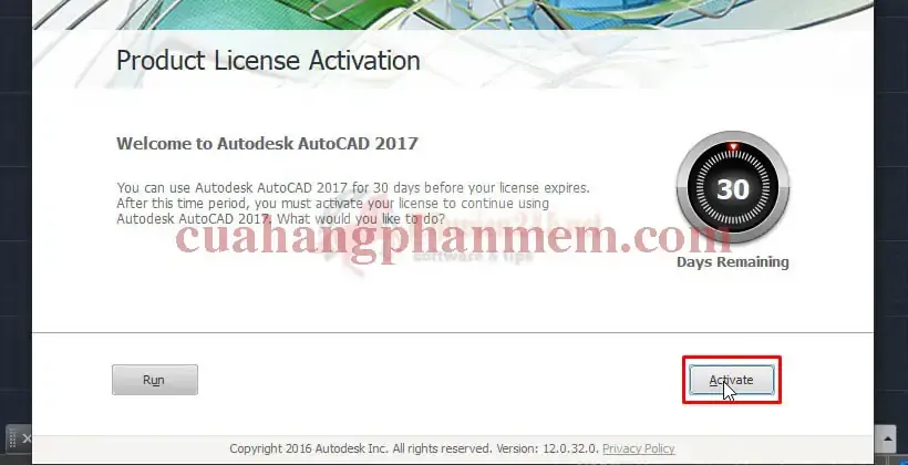 Nút Activate để bắt đầu kích hoạt bản quyền AutoCAD 2017