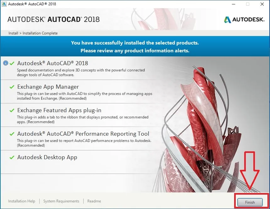 Nút Finish để kết thúc quá trình cài đặt AutoCAD 2018