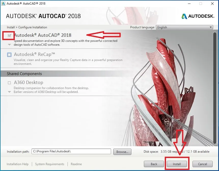Nút Install để tiến hành cài đặt các thành phần của AutoCAD 2018
