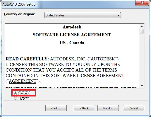 Ô Accept và nút Next trong cửa sổ điều khoản sử dụng AutoCAD 2007