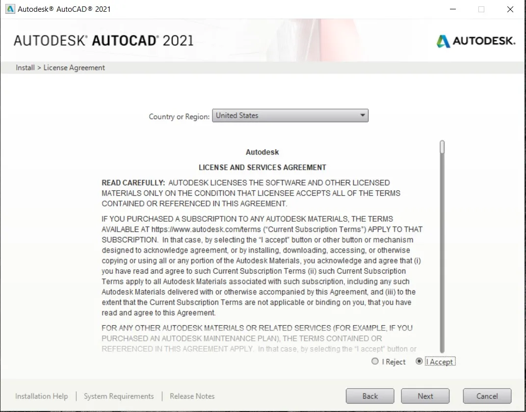 Ô chọn &quot;I accept&quot; để đồng ý điều khoản khi cài đặt AutoCAD 2021