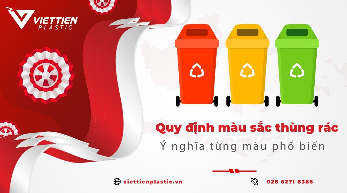 Minh họa bốn loại thùng rác y tế với bốn màu sắc tiêu chuẩn vàng, đen, xanh, trắng, được dán nhãn rõ ràng theo sổ tay quản lý chất thải y tế.