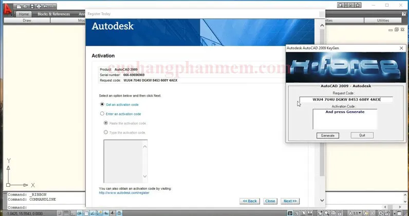 Sao chép mã Request Code từ giao diện kích hoạt bản quyền của AutoCAD 2009