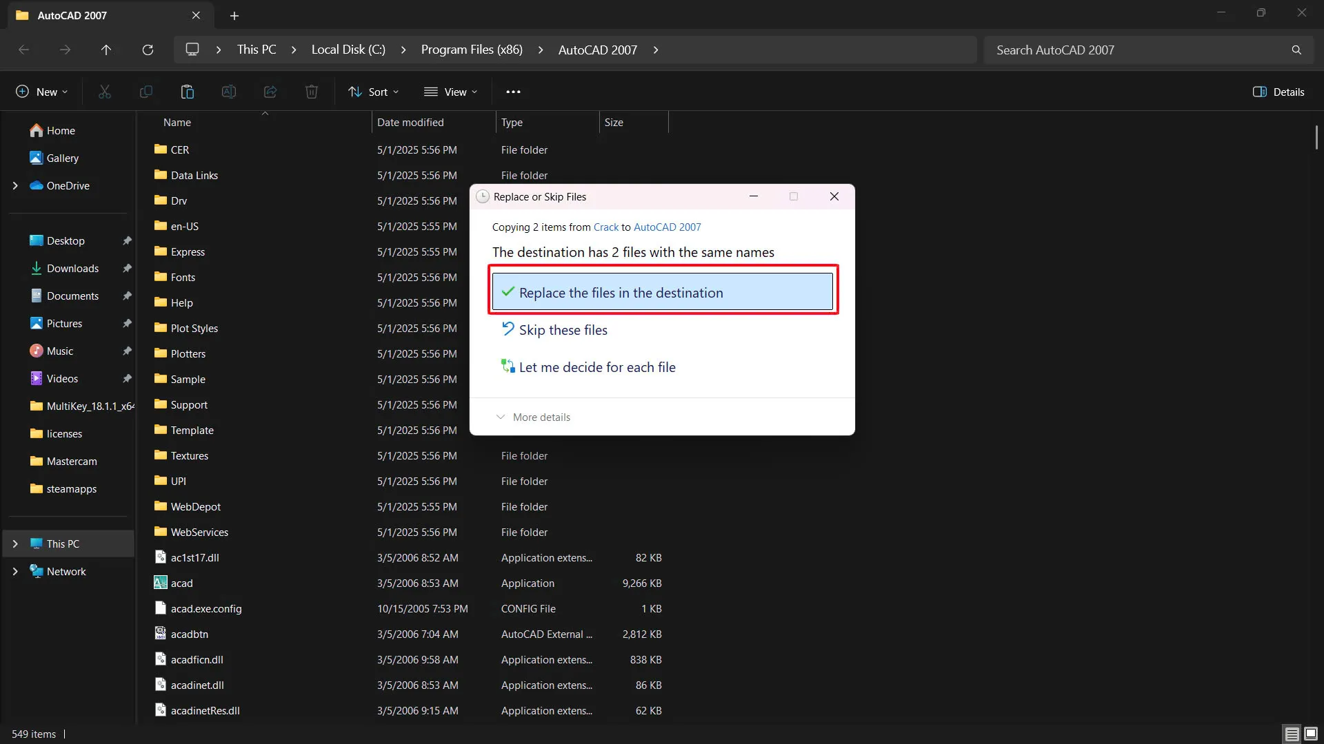 Sao chép tệp crack cho AutoCAD 2007