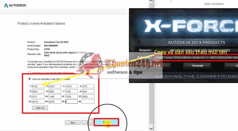 Sao chép và dán mã kích hoạt vào ô tương ứng của Autodesk Civil 3D 2019