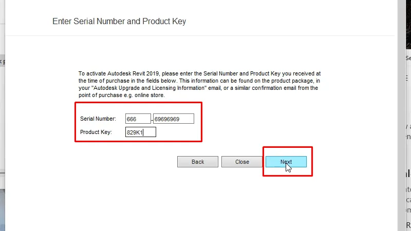 Serial Number: 666 -69696969, Product key: 829k1 và bấm Next