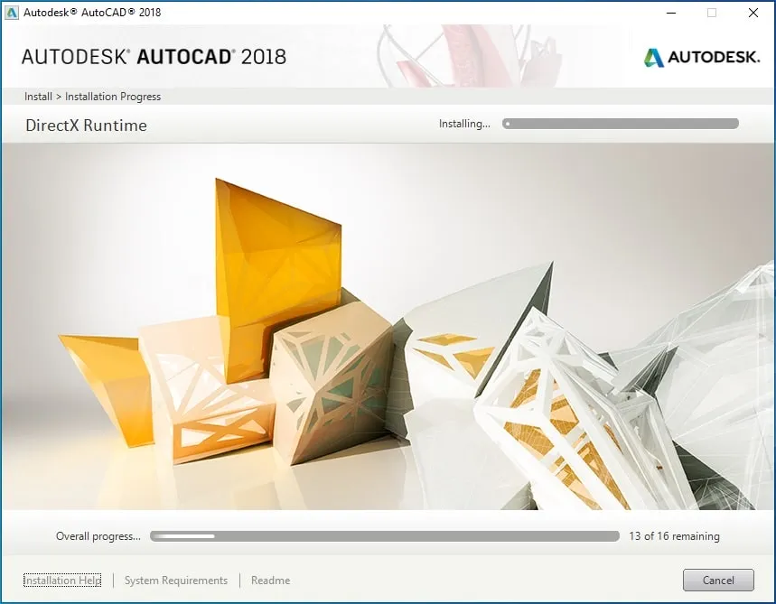 Thanh tiến trình cài đặt AutoCAD 2018 đang chạy
