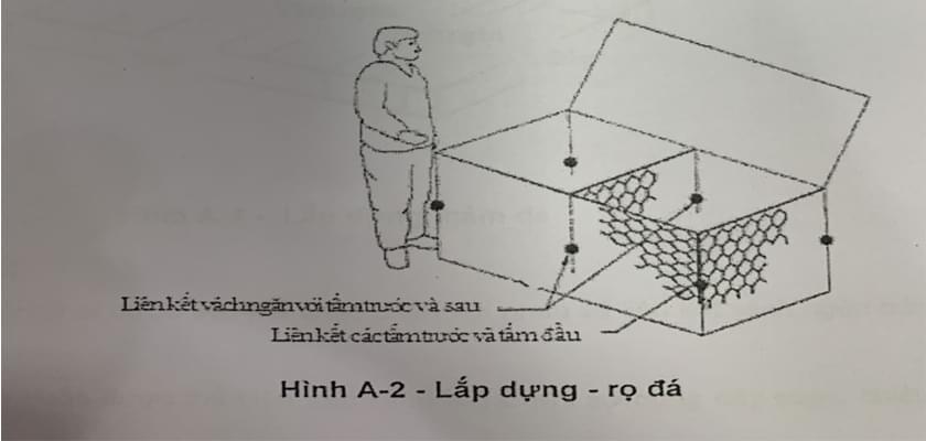 Công nhân đang thi công lắp đặt các khối rọ đá bọc PVC tại một công trường xây dựng tường chắn, cho thấy quy trình lắp ghép và đổ đá.