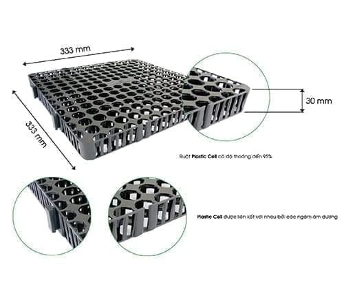Hình ảnh thi công một khu vườn trên sân thượng, các tấm vỉ nhựa trồng cây được lắp đặt ngay ngắn trước khi trải đất