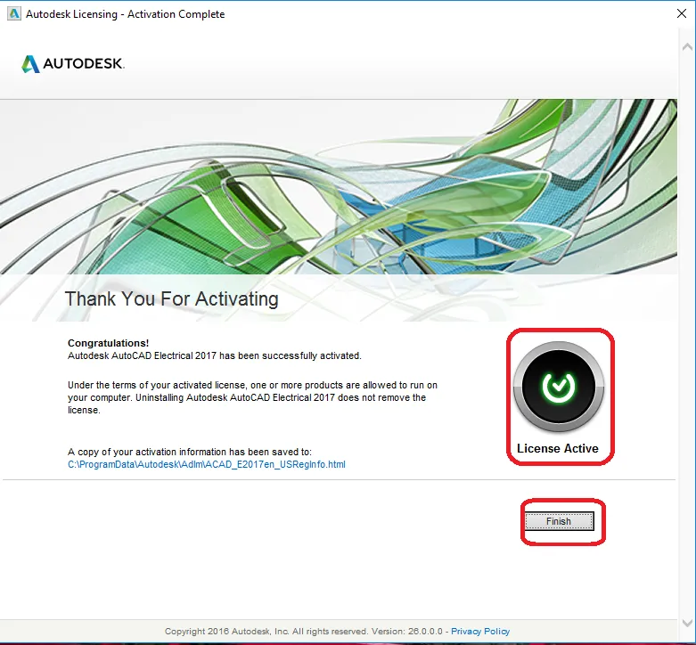 Thông báo bản quyền AutoCAD Electrical đã được kích hoạt thành công