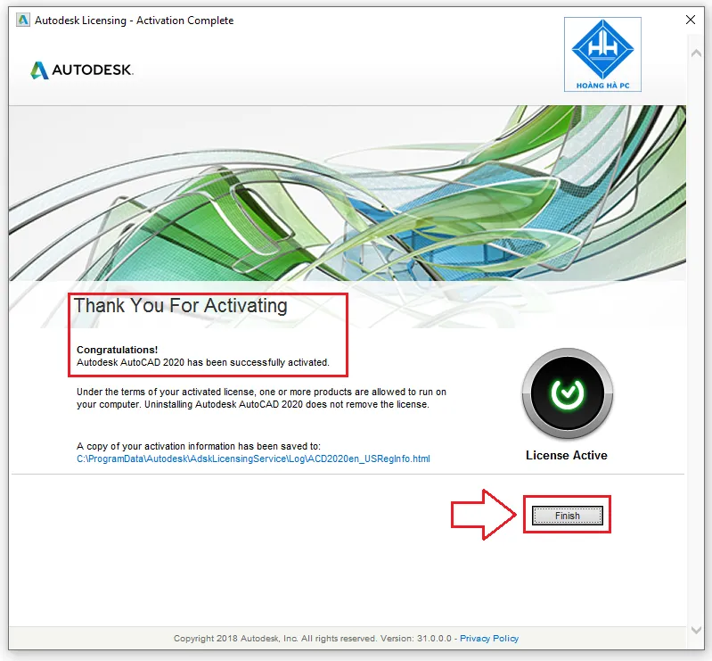 Thông báo hoàn tất quá trình crack Autodesk AutoCAD 2020