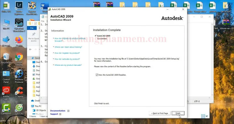 Thông báo hoàn thành cài đặt AutoCAD 2009, sẵn sàng cho bước kích hoạt bản quyền