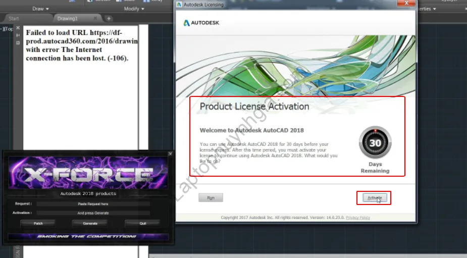 Thông báo thời gian dùng thử và tùy chọn kích hoạt AutoCAD 2018