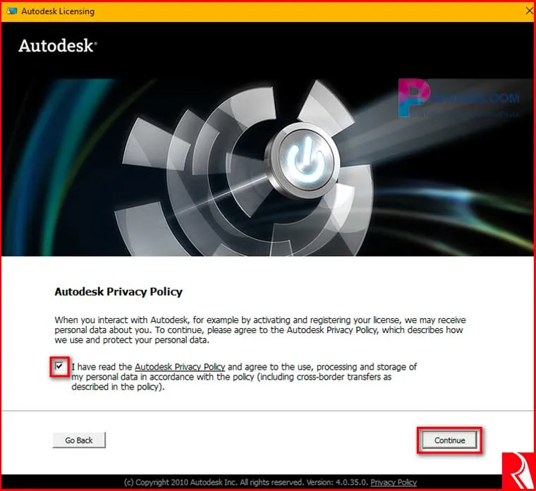 Tích vào ô I have read the Autodesk Privacy Policy và bấm Continue