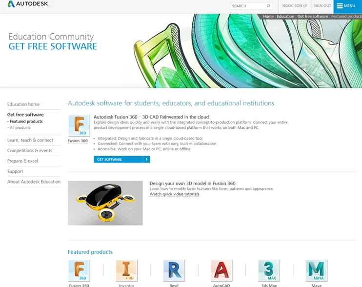 Trang Autodesk Education Community với các phần mềm miễn phí