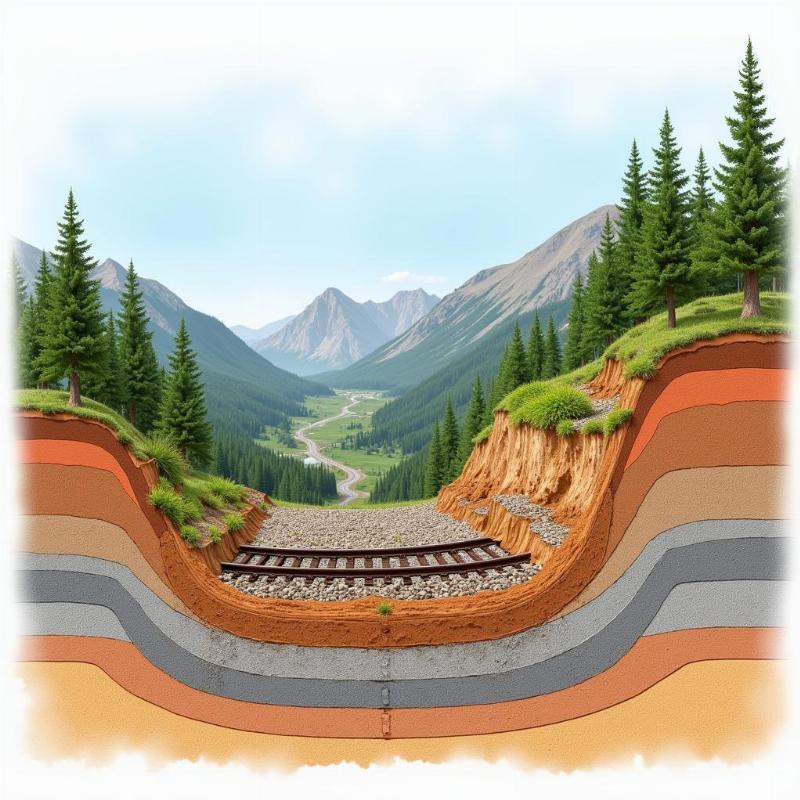 Một bức tường chắn taluy cao làm bằng rọ đá được chôn sâu vào nền đất ổn định dọc theo một con đường đèo uốn lượn ở vùng núi Việt Nam