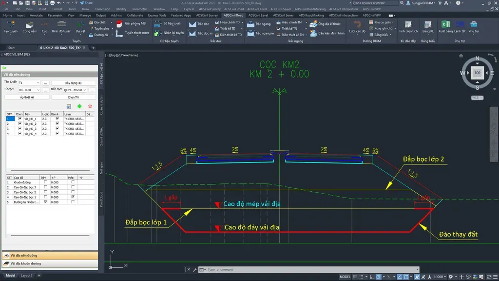 Mô hình 3D cắt lớp của một con đường cho thấy ứng dụng của vải địa kỹ thuật không dệt trong việc thoát nước và phân cách